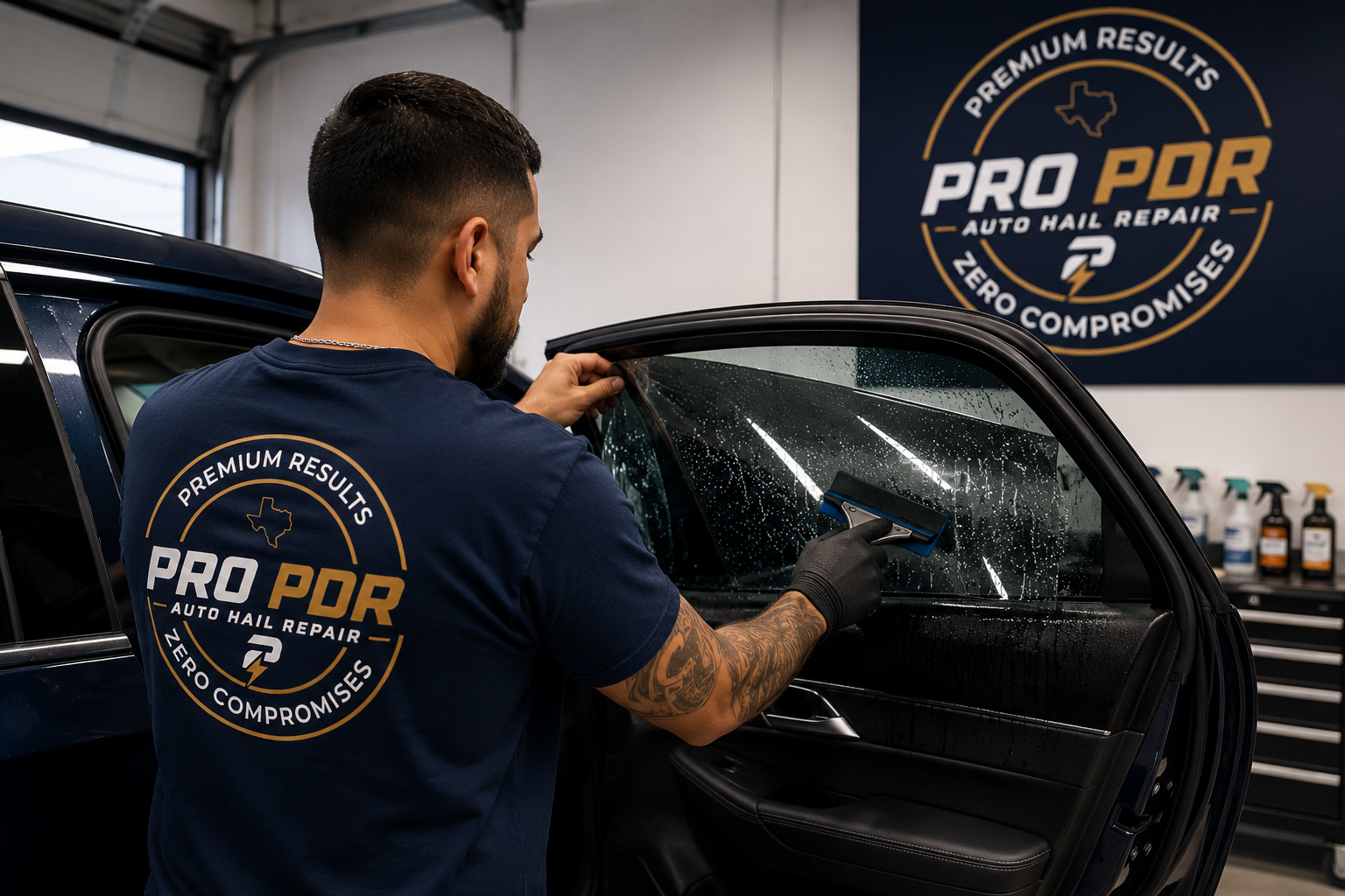 Pro PDR technician installing window tint at Houston shop